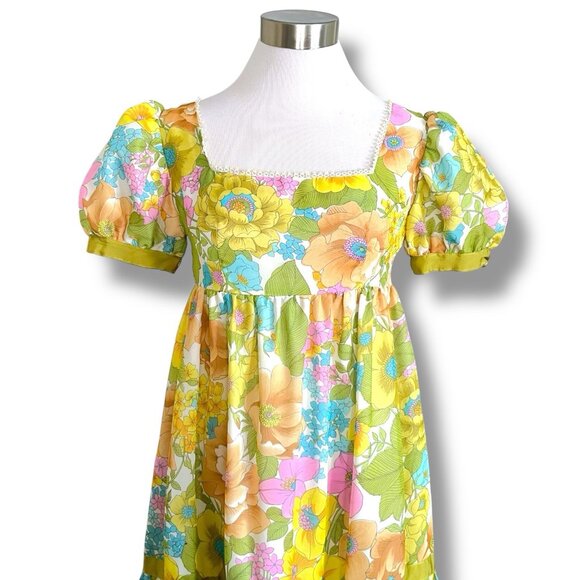 Vintage 1960s Womens Maxi Dress Sz Small Medium Boho Floral Puff Sleeve Tiered - Picture 5 of 10